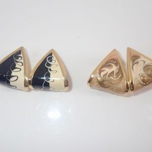 Vintage Enamel Art Deco Set of 2 Pyramid Shape Post Gold Tone Earrings Mint